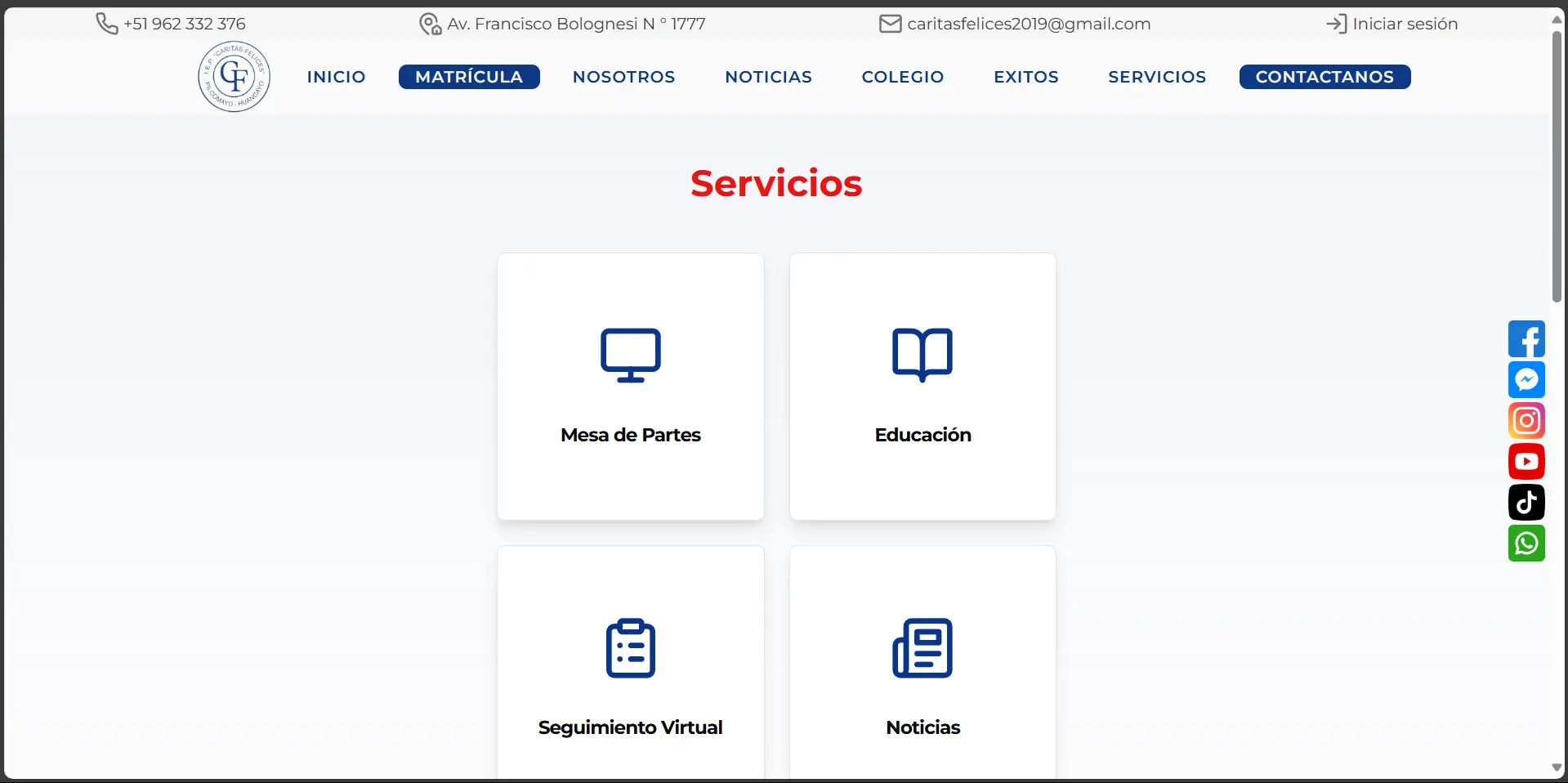 Captura de pantalla de la Mesa de Partes Virtual de Caritas Felices